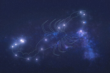 Scorpio Constellation stars in outer space with shape of a scorpio in lines. Zodiac Sign Scorpio constellation stars. Elements of this image were furnished by NASA © ALEXANDR YURTCHENKO