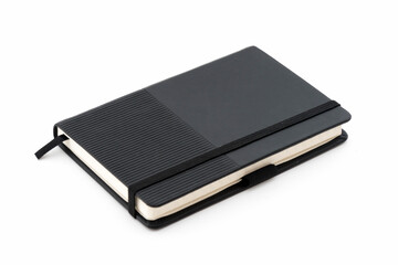 Black Green diary notebook with elastic band on white background.