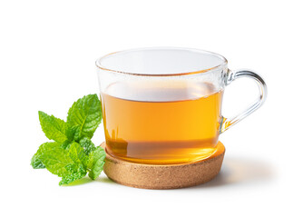 Mint tea and mint leaves on a white background