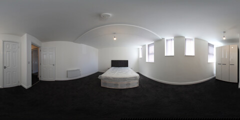360 Degree spherical panorama sphere photo of a brand new typical British Bedroom showing a new bed...