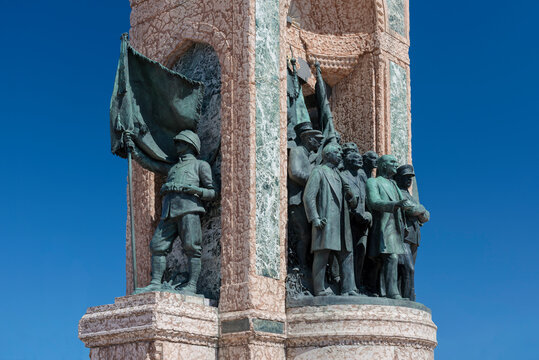 Independence Monument commemorating Kemal Ataturk and the founding of the Turkish Republic (1923) Taksim Square in Istanbul Turkey