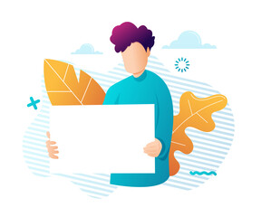 Man lady carrying a blank placard with a place for text isolated on white background. Man shows a sheet with the contract.Vector illustration in cartoon style