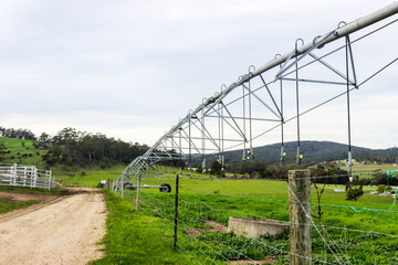 Fototapeta premium farm irrigation sprinkler in rural field 