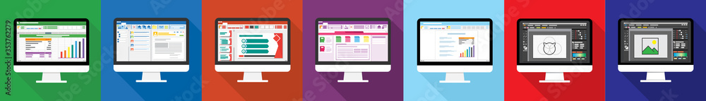 Poster spreadsheet, email, presentation, word, image editor software program on computer screen flat icon. 
