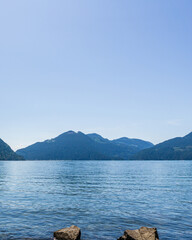 Blue clear sky over harrison lake british columbia canada background.