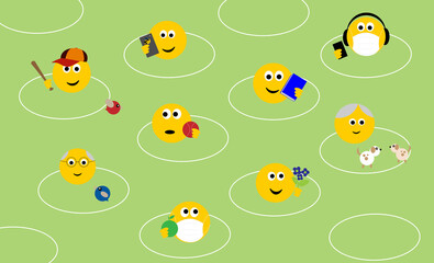 Social distancing circles in park outside space with emoji, concept of covid 19, coronavirus.