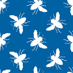 Fototapeta na wymiar Bee seamless pattern. White insect on blue background. Monochrome vector illustration.