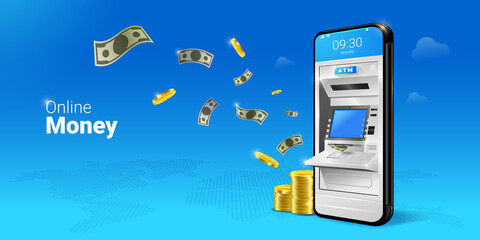 Phone with a mobile interface of the online payment, ATM, money transfers, financial transactions and digital financial services. falling Money on the Mobile ATM illustration.	