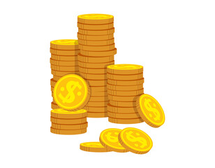 Neat stacks of gold coins flat cartoon. Golden coin pile heap, bank currency shining sign. Stacks money for game, apps. High stacks, financial growth. Hundreds cash pile. Isolated vector illustration