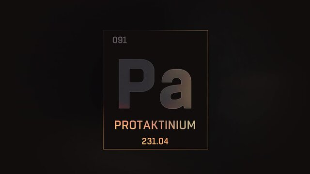 Protactinium as Element 91 of the Periodic Table. Seamlessly looping 3D animation on grey illuminated atom design background orbiting electrons name, atomic weight element number in German language