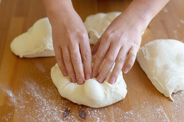 Woman's hands makes the straight dough method. On the sourdough are bubbles, good gluten. The process of making fresh homemade elastic dough for baking pizza or bread. Easy to cook together at home. 
