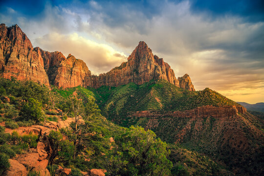 Sunset on the Watchman and Zion Canyon, Zion National Park, Utah