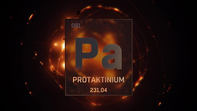 Protactinium as Element 91 of the Periodic Table. Seamlessly looping 3D animation on orange illuminated atom design background orbiting electrons name, atomic weight element number in German language