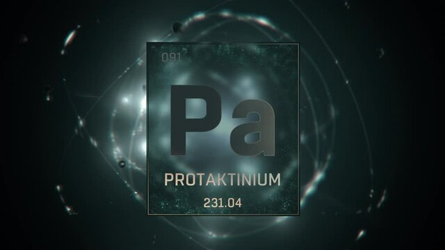 Protactinium as Element 91 of the Periodic Table. Seamlessly looping 3D animation on green illuminated atom design background orbiting electrons name, atomic weight element number in German language