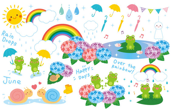 梅雨　雨の日　イラスト　セット　ベクター