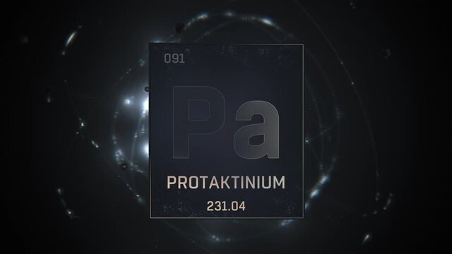 Protactinium as Element 91 of the Periodic Table. Seamlessly looping 3D animation on silver illuminated atom design background orbiting electrons name, atomic weight element number in German language
