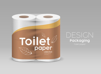 Plastic roll toilet paper packaging, leaf and brown design on gray background, vector illustration