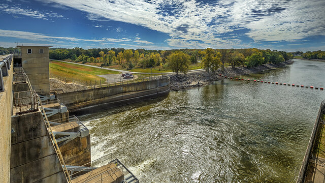 panaramic photo of Kaskaskia river spillway from atop the carlyle lake dam, Illinois