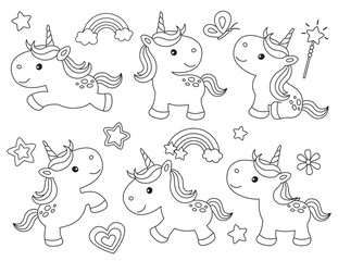 Outline cute unicorns for coloring. Unicorns line art vector illustration.