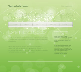 Vector website or app layout with glossy aqua menu bar and glowing green background with sparkles, glitter, lines and swirls