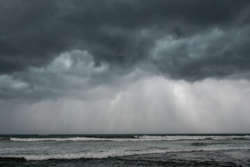 Dark storm clouds in the sky over the sea. Storm cyclone over the ocean. Weather warning. Forces of nature