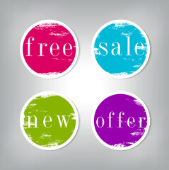 A set of vector round paper stickers with hand painted texture