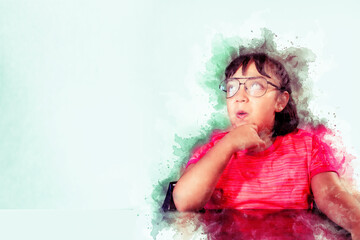 girl with glasses age 6 -7, search for inspiration. Children childhood education concept,on a white background, watercolour painting