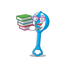 A diligent student in rattle toy mascot design concept read many books