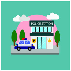 Police Station Vector Icon, Flat Vector with Police Car