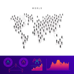 World people map. Detailed vector silhouette. Mixed crowd of men and women. Population infographic elements
