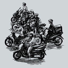 Fototapeta na wymiar Drawing of the motorcycles struck at traffic light in Ho Chi Minh city 
