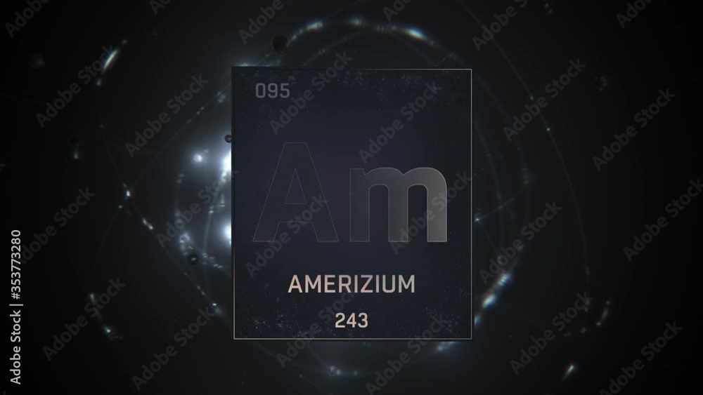 Poster americium as element 95 of the periodic table. seamlessly looping 3d animation on silver illuminated