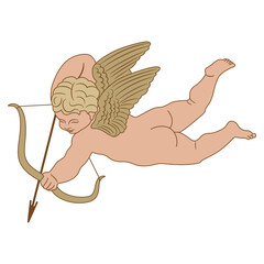 Flying Cupid or Amur with bow and arrow. Winged baby god of love Eros. Isolated vector illustration.  - obrazy, fototapety, plakaty