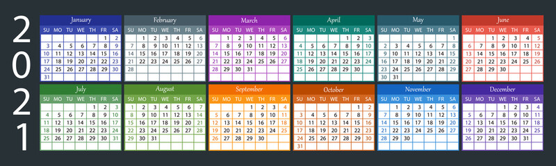 Calendar 2021. Week starts on Sunday.Colorfol design on dark background