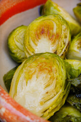 Close Up of Halved and Roasted Brussels Sprouts Lightly Browned