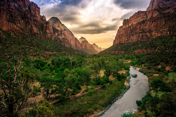 Twilight Hour on Zion Canyon and River, Zion National Park, Utah