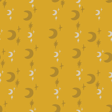Seamless vector retro hand drawn gold star and moon pattern. Gold gray and white. 