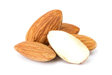 Closeup group of almond nuts and almond slice isolated on white background. 