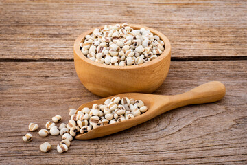 Close-up white Job's tears ( Adlay millet or pearl millet ) in wooden bowl and scoop isolated on wood table background.