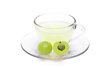 Closeup cup glass of gooseberry juice  with fresh green Amla or Indian gooseberry fruits ( phyllanthus emblica ) isolated on white background. Clipping path.