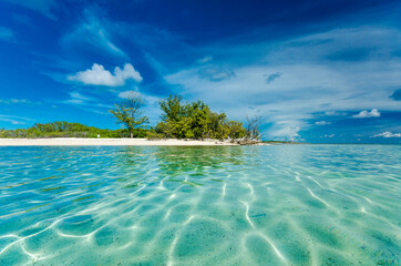 Clear waters of an islet in Bimini. Low Angle Shot.