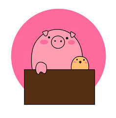 pink piggy and chick with box