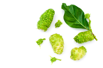 Noni fruit or Morinda citrifolia( Common name as indian mulberry, cheese fruit) and green leaf seamless pattern texture for background. Top view. Flat lay. Abstract nature background concept.