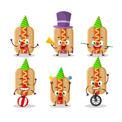 Cartoon character of hotdog with various circus shows