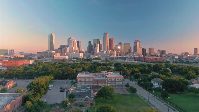 Aerial: District of Cedars &  downtown Dallas at sunrise. Texas, USA