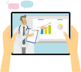 web meeting,オンライン会議,セミナー,グラフ,医者,白衣,イラスト,タブレット