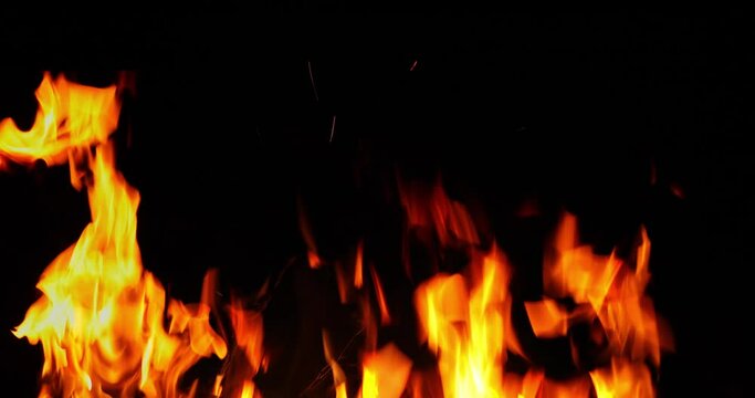 Flames from camp fire burning at night, close-up of flames burning on black background, 4k