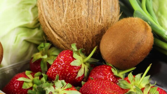 Different fresh and organic fruits and vegetables. Close up 
