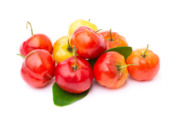 Pile of fresh organic acerola cherry fruits with green leaf and sliced isolated on white background. Healthy and high vitamin c fruit, food for health concept. 