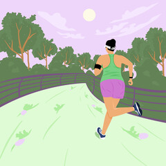 Solo outdoor activities concept. Yong woman is running alone in park. Flat style vector illustration
